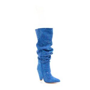 Rhinestone Pointed Toe Chunky Knee High Boots Blue Size 8